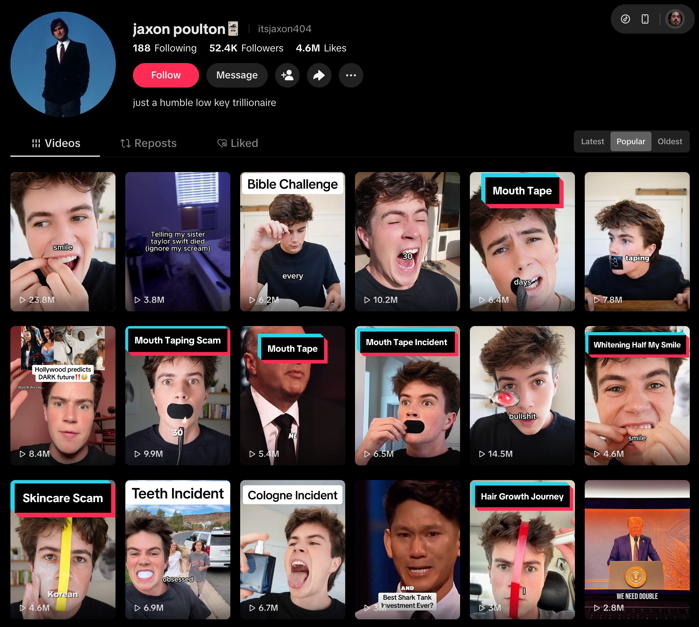 TikTok profile page for @itsjaxon404 showing top videos with view counts