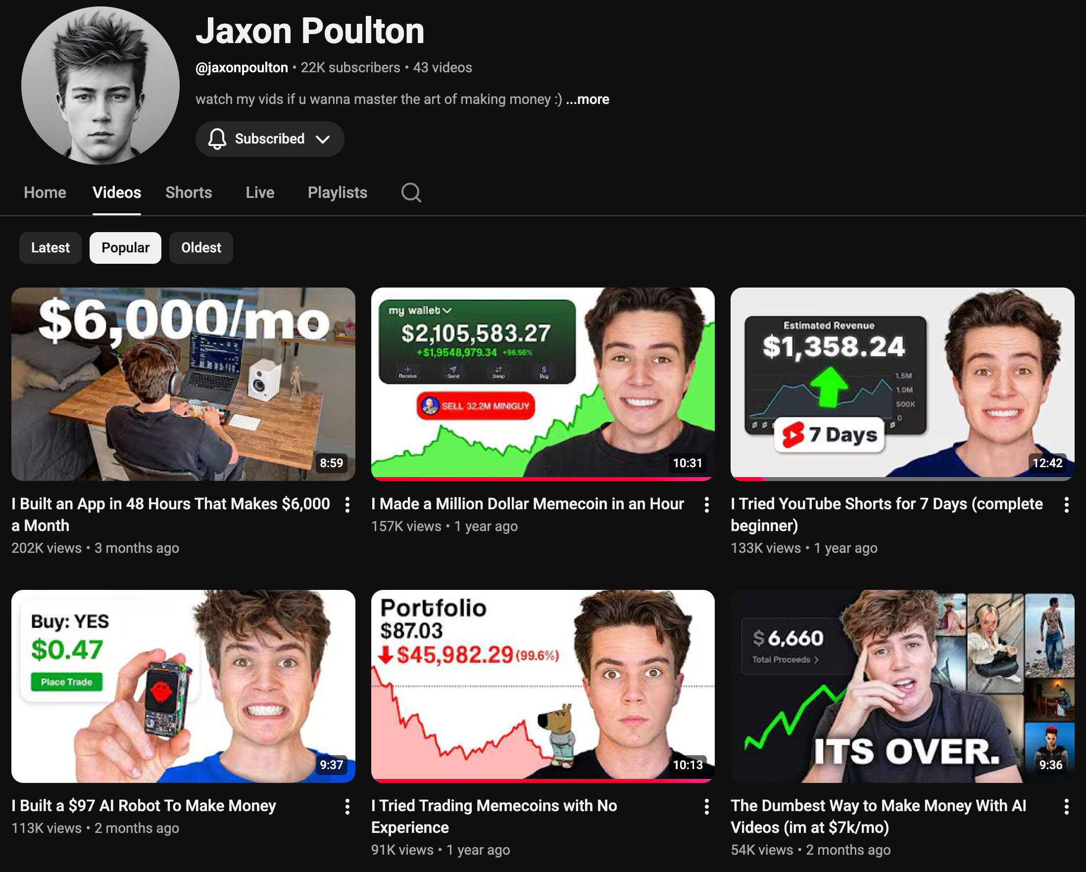 YouTube main channel page for @jaxonpoulton showing long-form videos about apps and business