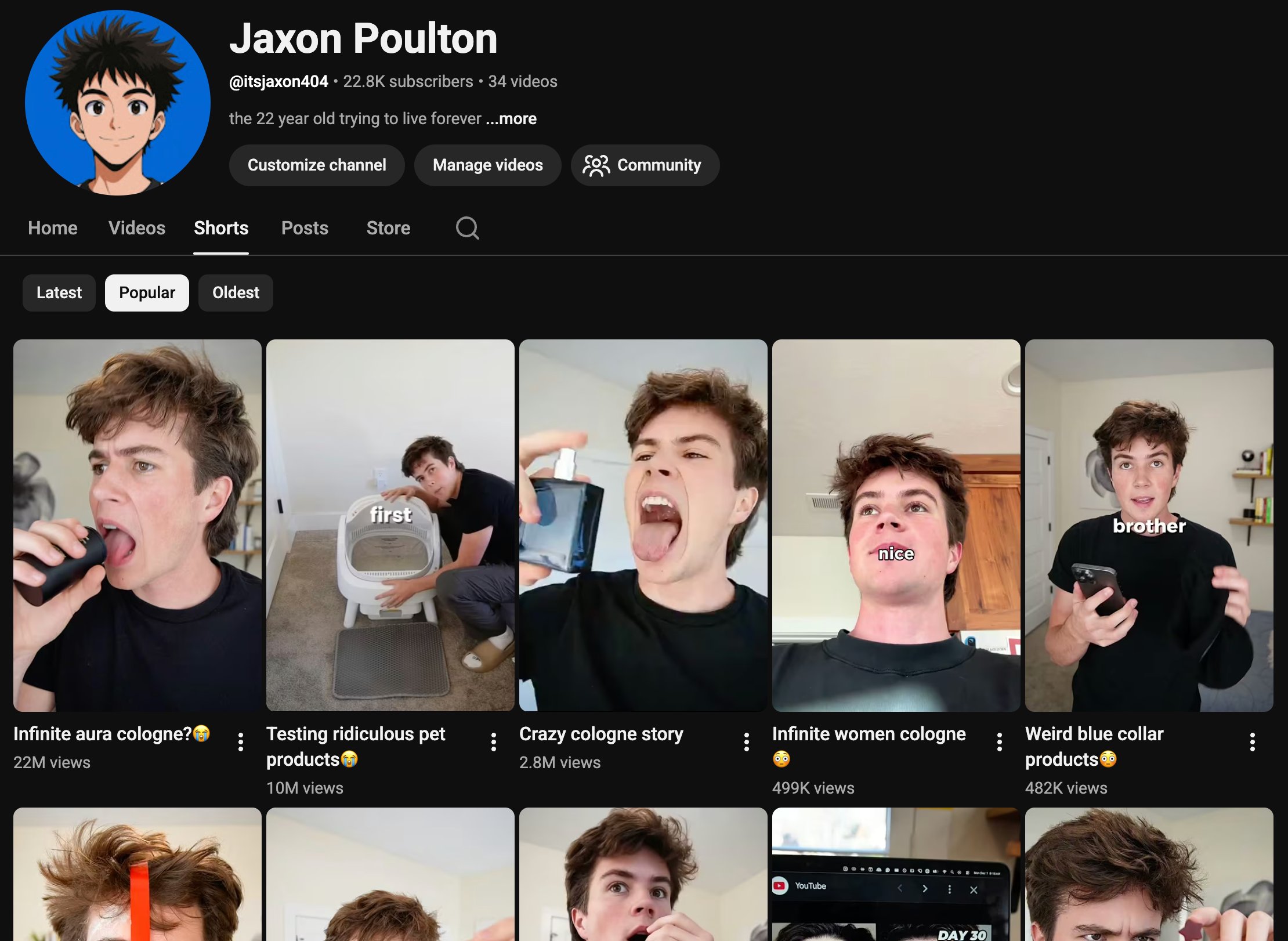 YouTube Shorts profile page for @itsjaxon404