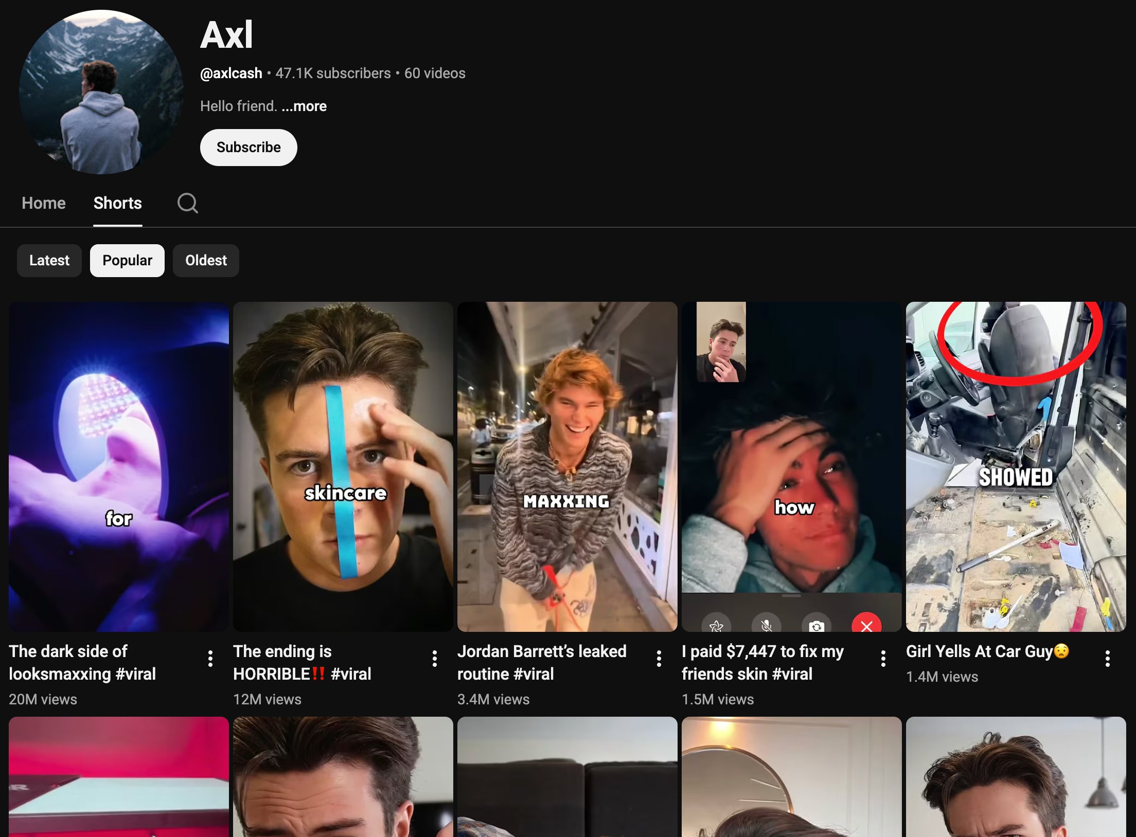 YouTube Shorts profile page for @axlcash showing viral shorts